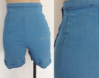 1950's Blue Denim High Waisted Shorts Size XS by Maeberry Vintage