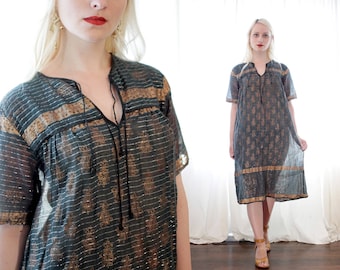 Vintage Indian black cotton gauze metallic gold lurex block print silver stripe thread short sleeve dress made in India ethnic BoHo hippie