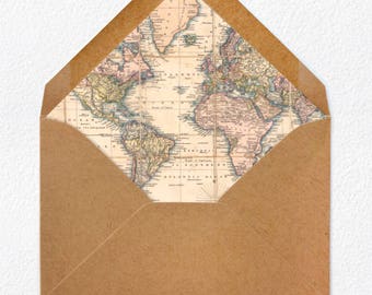 World Map Envelope Liner + Envelope - PACK OF 25 - Select Envelope Size and Color