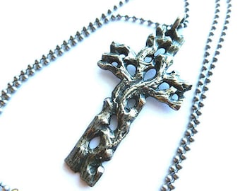 MENS OOAK Vintage Antiqued Silver Cross, Mens Silver Openwork Tree Branches Pendant, Entwined Branches Cross Pendant & Ball Neck Chain