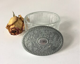 Glass Powder Box, Authentic Vintage Vanity Jar, Avon Powder Box, 1960s Trinket Box, Reeded Ribbed Glass, Monogrammed Metal Lid, Jewelry Box