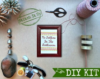 Inappropriate Cross Stitch - DIY KIT - No Selfies In The Bathroom - customize-able - Subversive and Hilarious