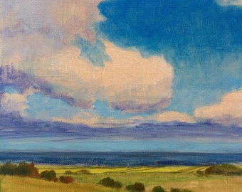Summer Skies - Original Landscape Painting on canvas 8x8 Clouds Flowers Blue Sky