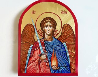 Archangel Uriel Icon, handpainted icon orthodox style on wood panel, 6 x 8 inches, MADE TO ORDER