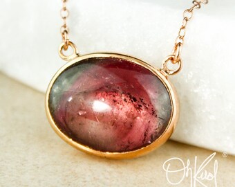 Watermelon Tourmaline Oval Necklace - Horizontal Necklace - Tourmaline Pendant