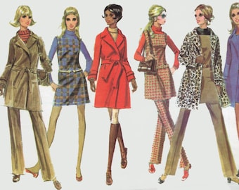 Vintage 60s MOD Wrap Tench Coat Mini Jumper Tunic and Pants Sewing Pattern McCalls 2059 1960s Sewing Pattern Size 10 Bust 32.5 UNCUT