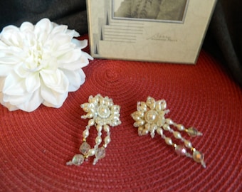 Vintage clip on pearl large earrings with pearl dangle accents