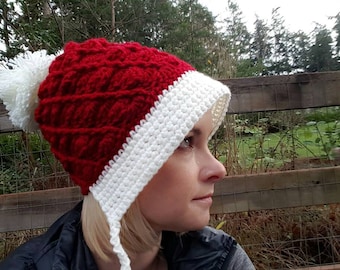 Frieda Slouchy Crochet Hat, adult christmas santa hat, red and white christmas hat, slouchy, knit christmas santa hat, crochet santa hat