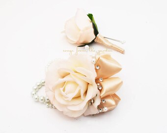 Blush Real Touch Rose Wedding Boutonniere & Wedding Corsage with Crystals and Pearl Accents Wedding Homecoming Prom Corsage