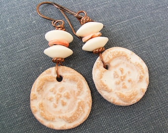 White & Peach Ceramic Earrings, Unique Rustic Artisan Clay Flower and Copper Dangles, Unusual Earthy Boho Gypsy Jewelry, OOAK Gift for Her