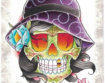 skull painting watercolor day of the dead dia de los muertos sugar skull art print