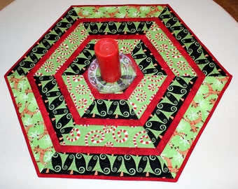 Christmas Quilted Table Runner, Hexagon Table Topper Quilt, Red Green White Reindeer, Trees, Candy Canes, Quiltsy Handmade Patchwork
