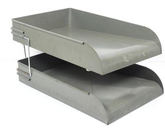 Vintage Steel Stacking Office Trays - Midcentury Office Metal Stacking Tray Files Industrial Metal Office Trays