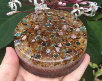 Kiko Dots Orgone Charging Plate with Amber, Amazonite, Labradorite, Bloodstone, Herkimer Diamond, Rhodochrosite (4" diameter)
