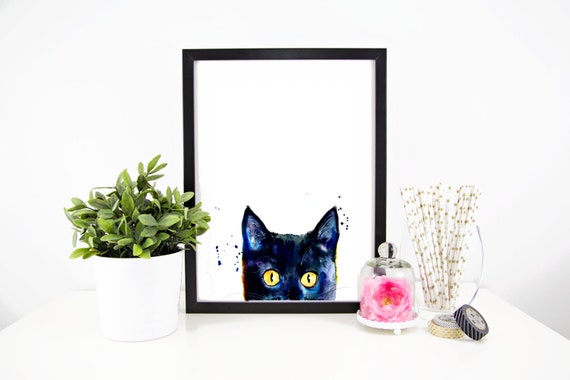  Minimalist  Peeking Black  Cat  Art Print Print of my Original