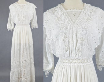 Edwardian White Embroidered Cotton Eyelet Tea Dress, Antique 1910s Dress, Edwardian Wedding Dress, Bohemian White Eyelet Dress