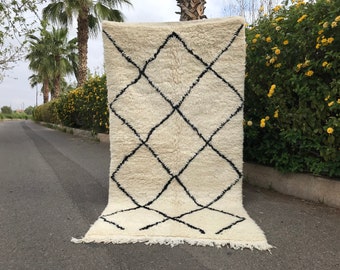 Vintage Beni Ourain Rug 3x6 - Oriental Woolen Rug - Berber Authentic Rug - Black and White Vintage Beniourain Carpet Rug - Tribal Rug