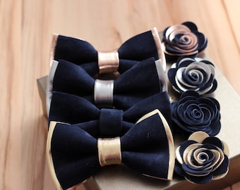 Navy blue and Gold mens leather bow tie for men, gold wedding bow tie, genuine leahther bowtie, gold bow tie, rustic bow tie, toddler, boys