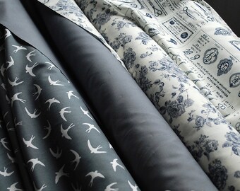 Beautiful Greys - 100% Cotton Poplin Fabric - Vintage style roses, sewing print, swallows and plain. UK Seller - Sewing Projects, Quilting
