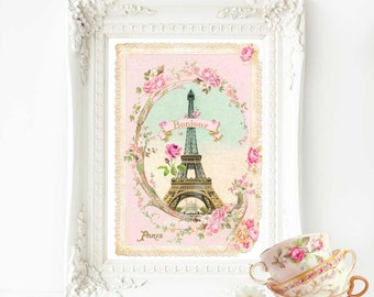 Eiffel Tower French art print, bonjour Paris, pink vintage home decor, A4 giclee