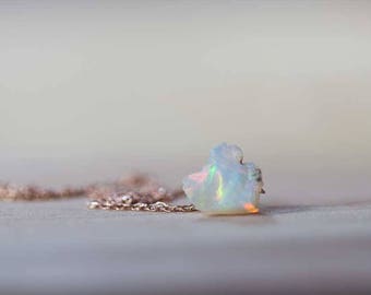 Rough Opal Necklace, Sterling Silver Rose Gold Fill, Raw Ethiopian Welo Opal Pendant, Delicate October Birthstone Jewelry