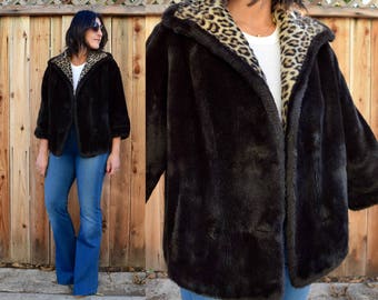 Vintage 60s FAUX FUR Cropped Coat with Pockets M