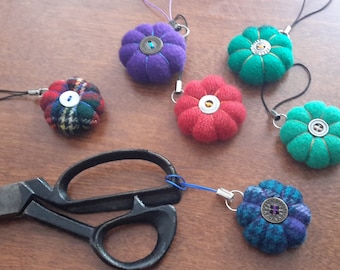 Handmade -- Scissor Fob Pincushion -- Tiny Felted Wool Pincushion -- Stuffed with Crushed Walnut Shells