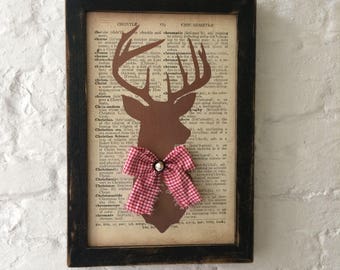 Framed Stag Silhouette on Vintage Dictionary Page on Reclaimed Wood