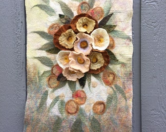 No.24 Peach Floral - Wet felted wall hanging