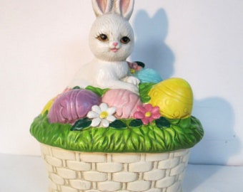 Lefton Easter Bunny Rabbit Basket with Eggs Trinket Box Figurine 1988