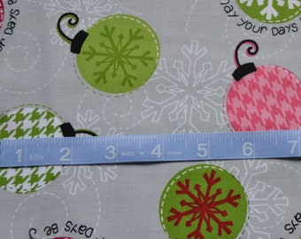 Christmas Fabric, Red, Green and Pink Ornaments on Gray Fabric, Quilting Fabric By The Yard, Cotton Yardage, Fat Quarter, Half, By The Yard