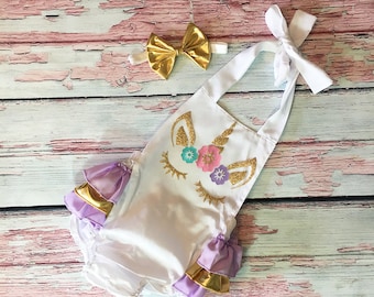 lavender and gold unicorn 1st birthday outfit - unicorn 1st birthday romper - lavender gold unicorn romper - girls unicorn birthday outfit -