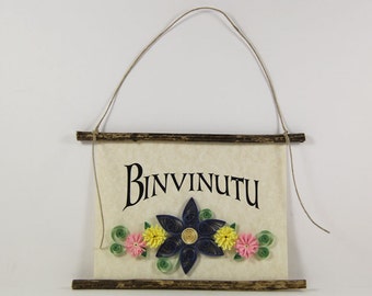 Binvinutu, Sicilian Welcome, Paper Quilled Sicilian Welcome Sign, 3D Paper Quilled Banner, Blue Yellow Pink Decor, Sicily Gift, Sicily Decor