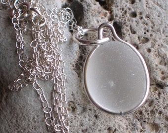 Natural Sea Glass Sterling Silver Petite Pendant Necklace soft white glow (502)