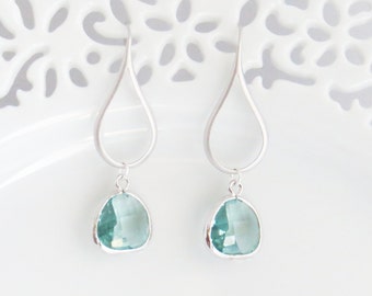 Mom Earrings, Long Aquamarine Earrings, Silver Dangle Earrings, Drop Earrings, Earrings for Mom, Bridesmaid Earrings, Wedding Earrings