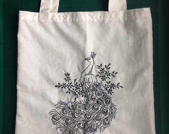 Tote bag hand embroidered Peacock