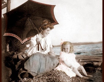 Little Girl Day at Beach with Grandma fine art tinted vintage photo