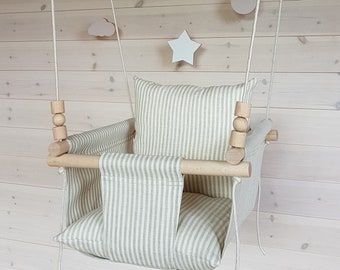 Deluxe Linen Baby Swing***Ships Fast***Toddler Swing/Stripe Linen Swing/ Indoor Swing/First Birthday Gift/ Fabric Swing/ Beige Swing