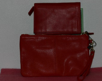 Genuine red leather ladies wallet and red leather clutch