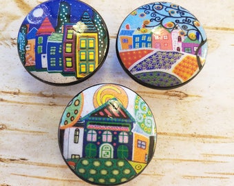 Whimsical Houses Handmade Knobs Drawer Pulls, 3 Knob Set, Colorful Dresser Knobs, Cabinet Knobs,