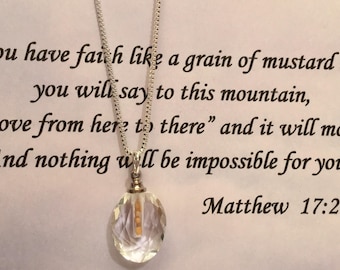Mustard Seed in beautiful cut crystal on sterling silver plated chain w/Scripture Card Matthew 17:20