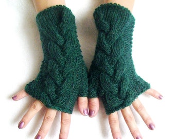 Fingerless Gloves Cabled Green Wrist Warmers Warm and Soft