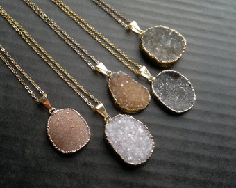 Oval Druzy Necklace Druzy Pendant Druzy Stone Druzy Jewelry Natural Color Druzy Boho Stone Necklace Gold Edged Druzy Jewelry Gift for Her