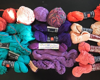 100% cotton yarn, beautiful tropical colors, purple, aqua, coral, more