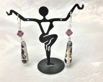 Teardrop Cloisonne Amethyst Crystal Cobalt SS Dangle Drop Earrings #611
