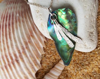 Ocean Swim Abalone Pendant Necklace-OOAK-Sterling Silver-Green-Natural Abalone Shell-Pendants on Chain-Fair Trade