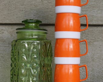 Vintage Orange White Mugs Thermos Coffee Mugs Coffee Cups Mid Century Modern Kitchen Decor Boho Kitchen Decor 60s 70s Kitsch Dishes Tea Cups