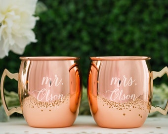 Custom Moscow Mule Copper Mugs Wedding Gift (Set of TWO) Engraved Round Personalized Copper Mug, Engagement Gift, Cocktail Glass, Home Bar