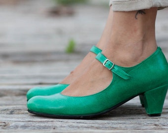 Green Leather Shoes, Green Pumps, Heeled Leather Pumps, High Heel Shoes , Free Shipping