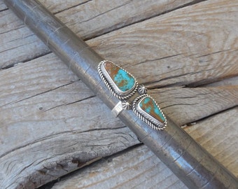 ON SALE Two stone turquoise ring handmade in sterling silver 925 with two beautiful Turquoise Mountain turquoise stones